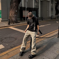 美潮高街炸街黄泥染水洗牛仔裤男线条设计感潮牌修身直筒微喇裤子，男装牛仔裤，星座1013