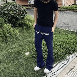 美式高街潮牌男女运动休闲裤直筒宽松慵懒显瘦印花休闲卫裤子图片