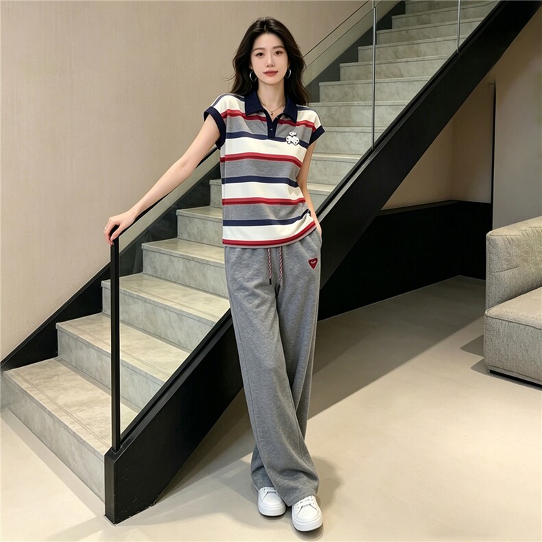 高级感时尚休闲运动套装女夏季新款POLO条纹短袖上衣阔腿裤两件套图片 高级感时尚休闲运动套装女夏季新款POLO条纹短袖上衣阔腿裤两件套图片