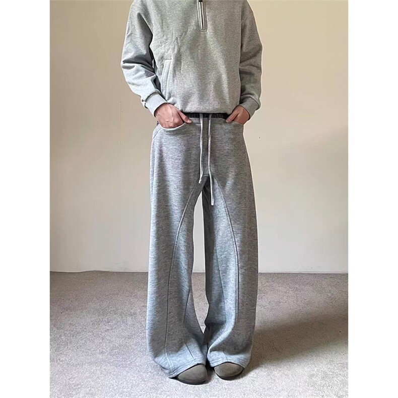 网图有货美式格子纹拼接设计感灰色卫裤阔腿休闲裤男女A1305-P50,男装休闲裤,星座1505