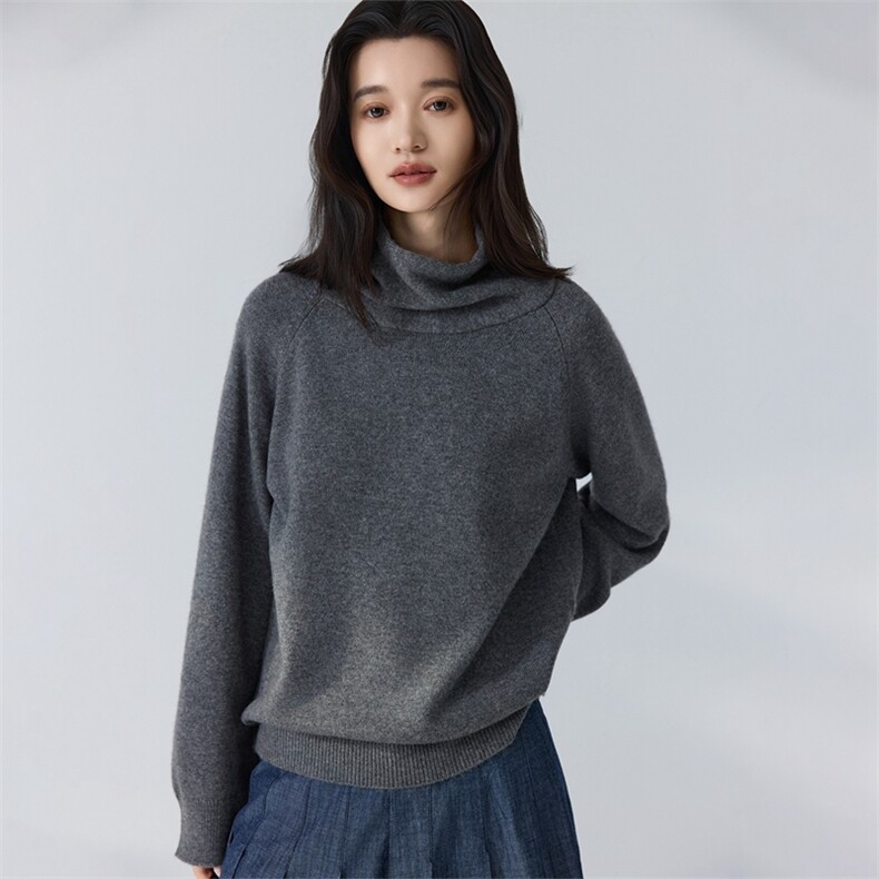 2025年秋季新款堆堆领针织羊绒上衣时尚休闲通勤百搭,女装羊绒衫,金暖绒