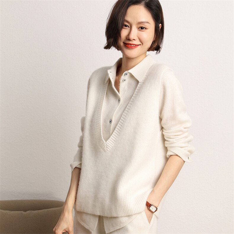 羊绒衫女羊绒POLO领宽松毛衣百搭时尚针织打底衫,女装羊绒衫,五色羊羊绒