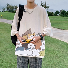 YT26162-P30亚麻短袖t恤男大码五分袖男宽松七分袖港风模特，男装T恤，电商A040