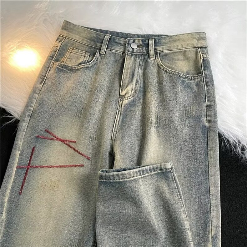 1033-P44直筒牛仔裤男女美式高街设计感小众秋冬高腰显瘦拖地,男装牛仔裤,电商B323A