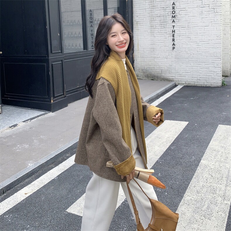 针织披肩小香风皮毛一体毛呢外套女秋冬2025新款时髦减龄高级大衣,女装短外套,2C129