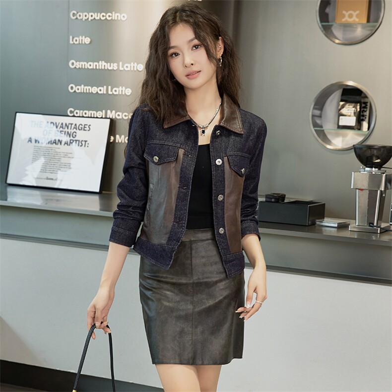 别致独特牛仔拼皮短外套女秋季2024新款通勤百搭可盐可甜短款上衣，女装牛仔外套，跑量工厂店