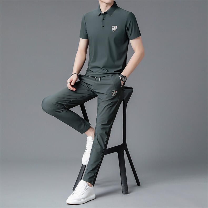 短袖套装男23夏季新款时尚休闲工艺翻领锦氨冰丝质感两件套,男装休闲套装,电商B212（原钱塘6029）