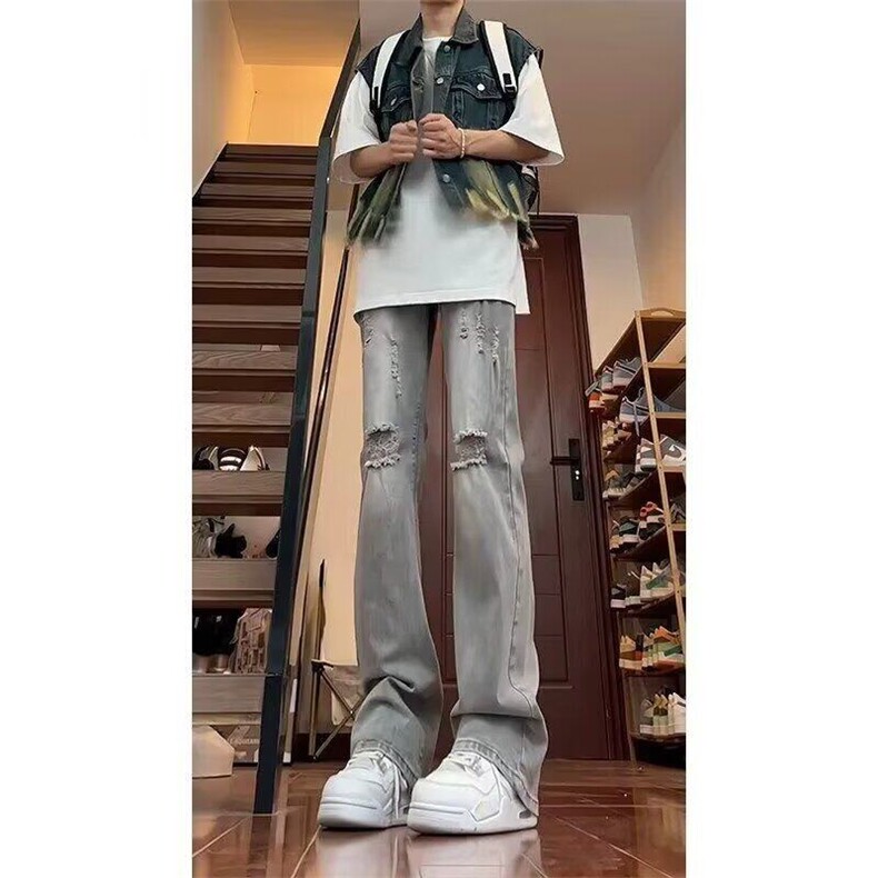 美式高街修身版型阔腿水泥灰微喇牛仔裤男款微弹显高水洗做旧裤子图片
