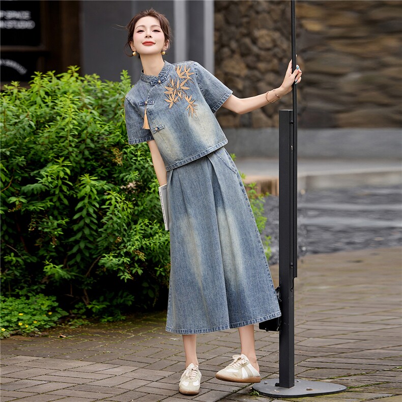 现货2026年夏季新款女装时尚气质新中式牛仔套装裙,女装套装/套裙,关键词