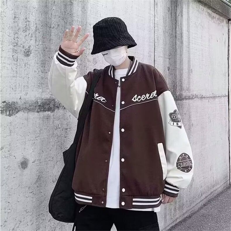 美式复古毛呢拼皮夹克男2024新款日系潮流宽松棒球服外套J676,男装夹克,星座1116A-1（原606A）