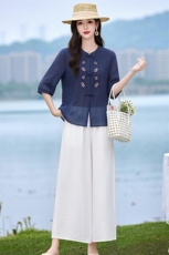 现货主推款简约中古风上衣+裤子两件套套装女，女装套装/套裙，韩蔻秀