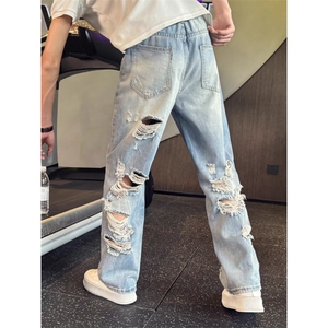 港风潮男夏季新款牛仔裤嘻哈ins潮高街潮流痞帅长裤XB3070图片