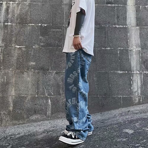 复古阔腿牛仔裤男宽松hiphop高街嘻哈休闲阔腿拖地长裤子k171-p45