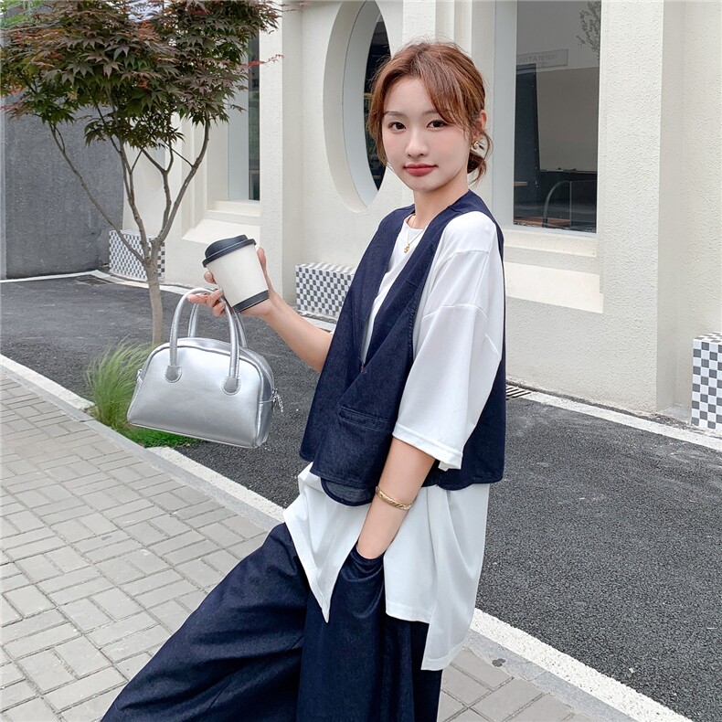 休闲减龄牛仔马甲阔腿裤套装女夏季2025新款ootd穿搭小个子两件套,女装套装/套裙,2C271