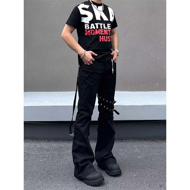 2026美式裤腿绑带重工高街多口袋工装水洗黑牛仔裤K71586-P55网图,男装牛仔裤,电商B245