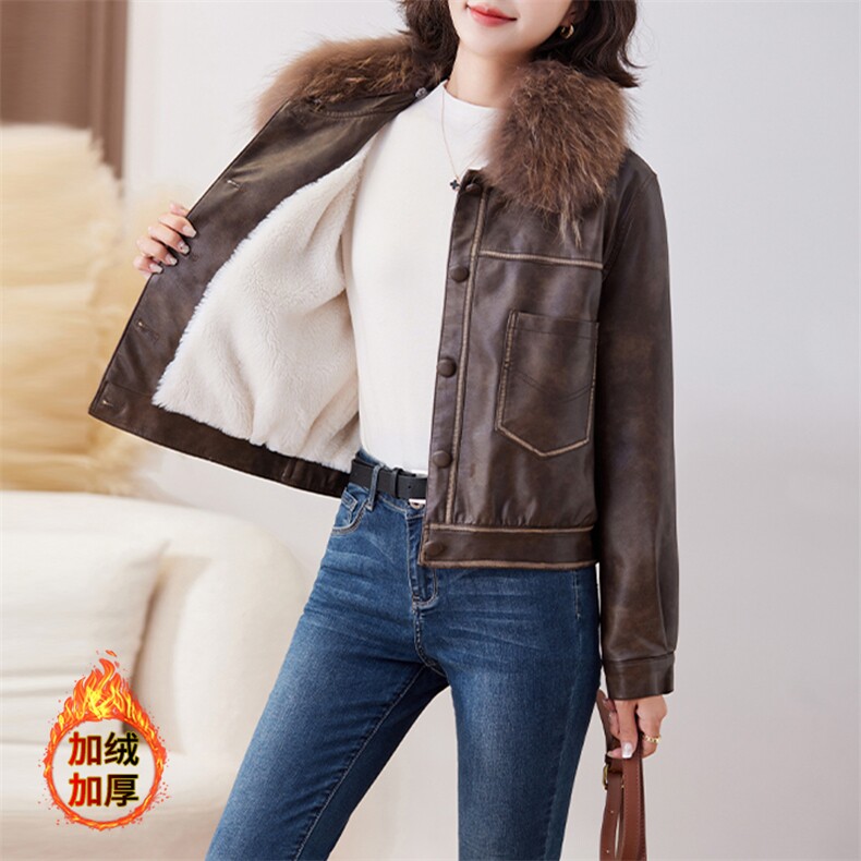 皮衣外套女短款小个子2024秋冬新款洋气百搭加绒加厚真毛领皮棉衣，女装皮衣，美拉德工厂直营店