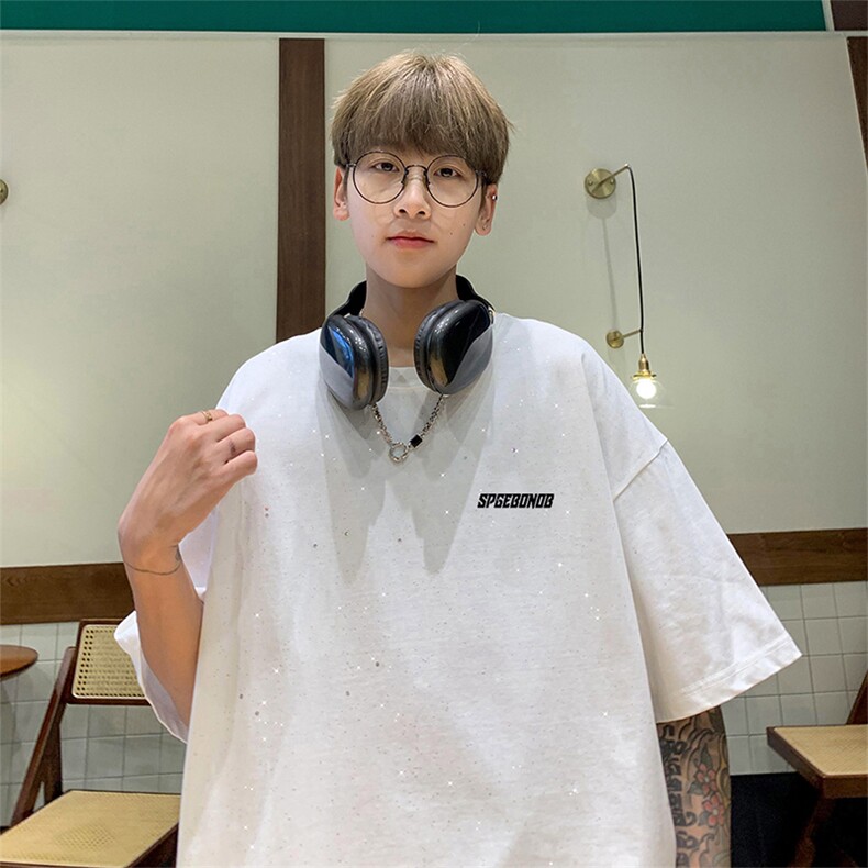 可48小时发货支持抖音得物来样二开美式满天星亮片短袖T恤MTX688,男装T恤,电商A486-1