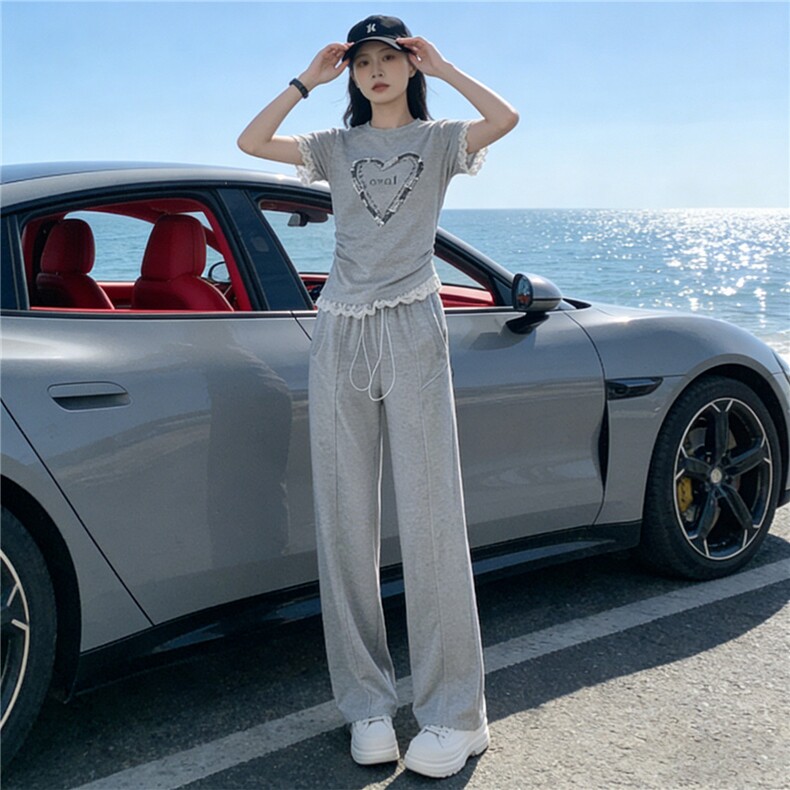 韩版时尚气质套装女夏新款圆领钉珠蕾丝花边上衣高腰阔腿裤两件套,女装套装/套裙,江南