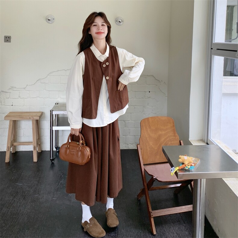 美拉德学院风设计感马甲阔腿裙裤衬衫套装三件套女2025早秋季穿搭,女装套装/套裙,浙宝217