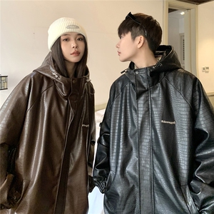 1鳄鱼纹连帽冲锋衣大码M-5XL面层：PU皮夹克男JK8744P90控128图片