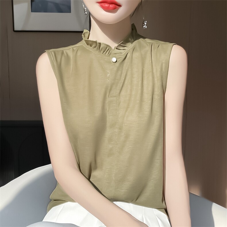 无袖女夏季木耳领袖衫宽松简约百搭纯色女上衣,针织衫/毛衣,绒宛羊绒