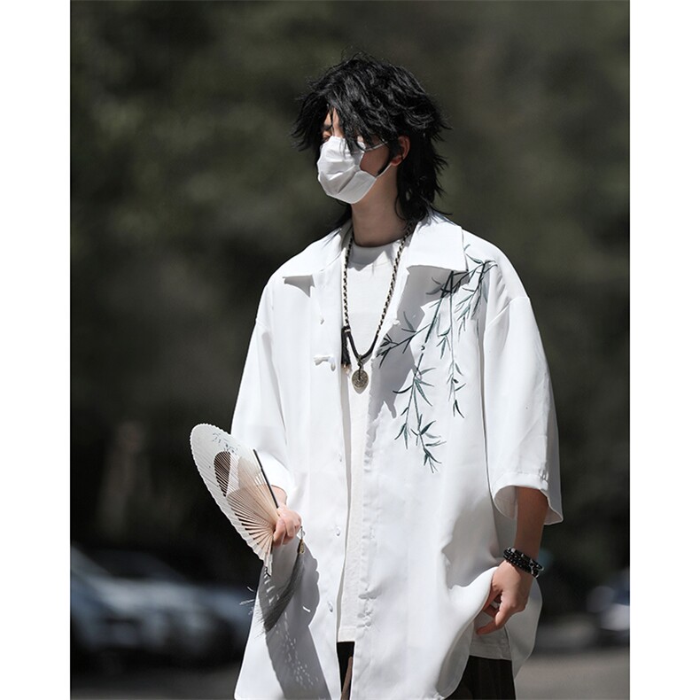 新中式轻风竹子刺绣衬衫男装夏季古风唐装套装短袖衬衣外套图片