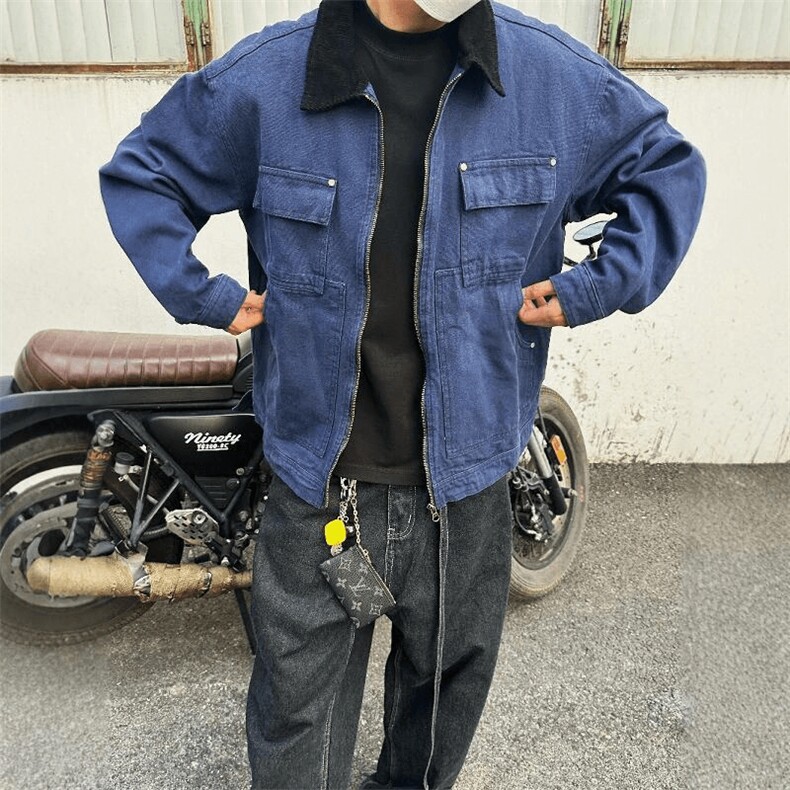 26春装高品质老钱风翻领牛仔夹克男女美式潮牌工装风宽松复古外套,男装夹克,电商A443