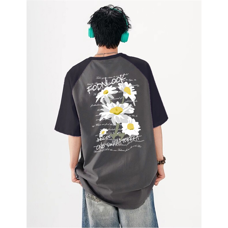 抖音得物供货240克宽松纯棉美式潮牌印花插肩袖拼接短袖T恤AT1512,男装T恤,电商A443