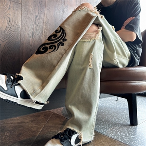 k1080-p55-控78 M-5XL 现货oversize cleanfit显瘦黄泥牛仔裤破洞图片