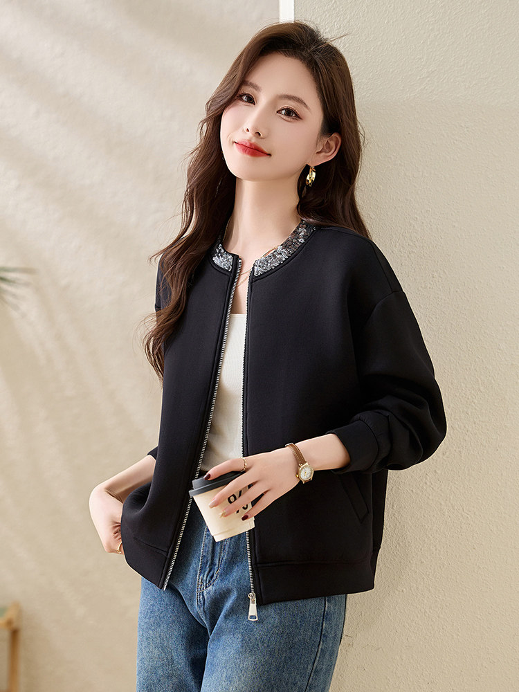 休闲珠片绣黑色外套女春季欧洲站大码上衣2025年新款时尚女装,女装短外套,美沁