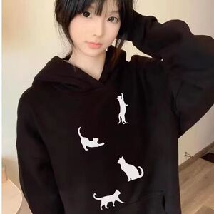 C0239-P55猫咪印花连帽卫衣女黑色简约宽松学生上衣外套男女款,章子怡大学生穿搭图片