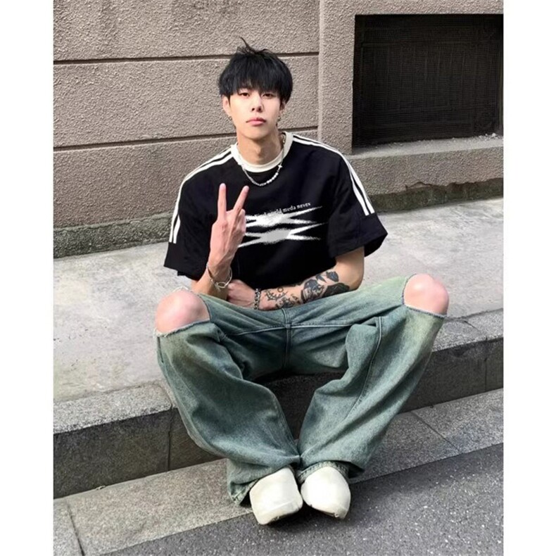 夏季美式高街重磅纯棉三条杠织带撞色男女短袖T恤ZD636-特P30,男装T恤,电商A486-1