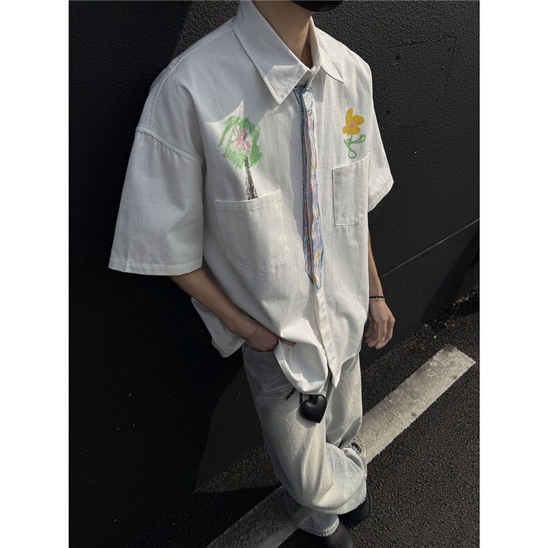 CS879特P45高品质【全棉】不是揭阳货，手绘涂鸦领带衬衫短袖,男装衬衫,星座403（原603-1）