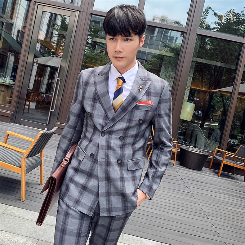 秋冬双排扣西服套装男三件套青年格子韩版修身西装A470-TZ10-P285,男装西服套装,电商A207