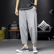 日系沙发亚麻宽松时尚潮流男士休闲裤九分小脚裤：，男装休闲裤，电商A020