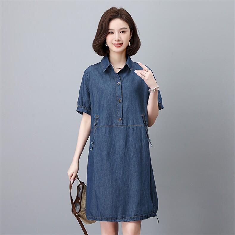 时尚牛仔连衣裙女夏季新款宽松显瘦短袖衬衫裙气质百搭休闲裙装,女装连衣裙,叶笙衣