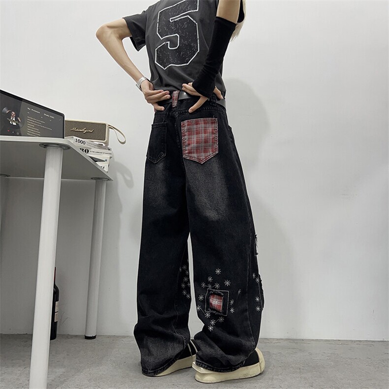 美式复古磨破刺绣牛仔裤男女设计感宽松直筒微喇阔腿裤NZ0163-P58,男装牛仔裤,星座308B-1