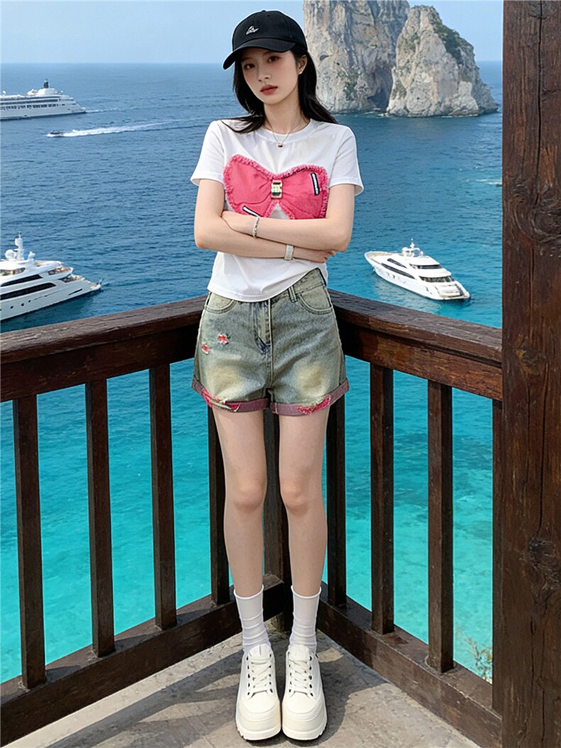 学院风网红时尚套装女夏款圆领刺绣蝴蝶结短袖阔腿牛仔短裤两件套,女装套装/套裙,江南