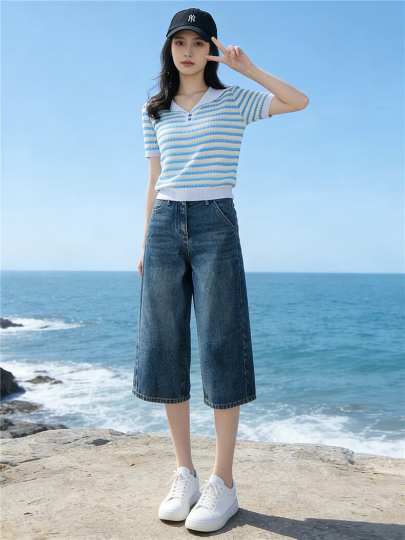 时尚简约套装女夏季新款洋气减龄蓝色翻领条纹上衣牛仔中裤两件套,女装套装/套裙,江南