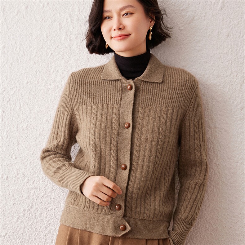 2024秋季新款皮扣长袖35%羊绒开衫复古休闲,女装羊绒衫,雪真羊绒高端店