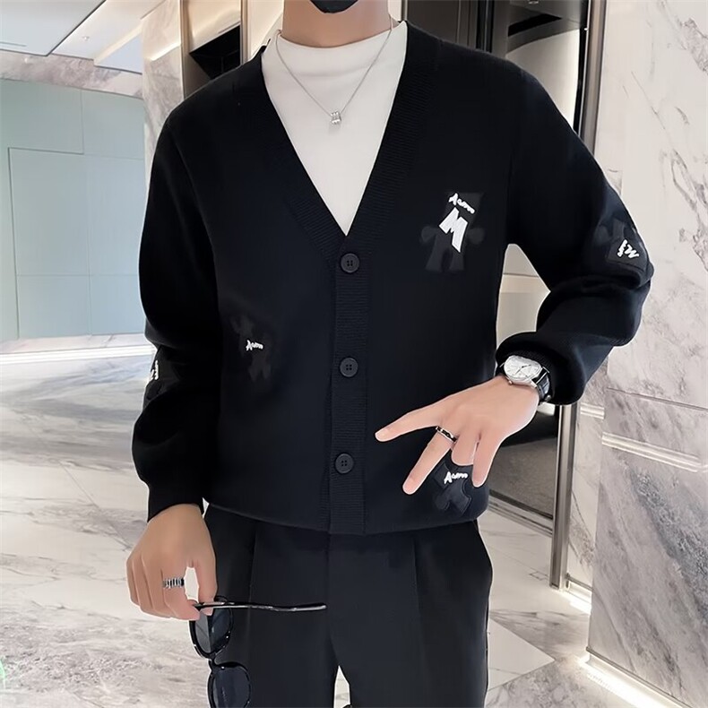 拼图白色长袖针织衫V领提花拼色痞帅男士开衫夹克外套秋季M881,男装针织衫/毛衣,星座1116A-2（原606A-1）