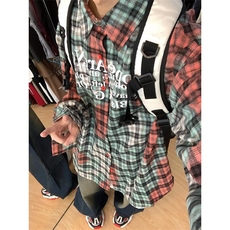 美式字母印花拼色扎染格子衬衫春秋男女宽松衬衣外套潮C3003，男装衬衫，星座1116A（原606A-3）