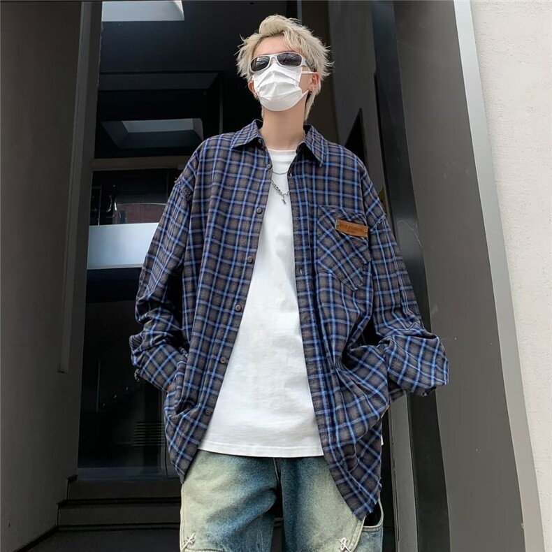 韩版小众长袖格子衬衫男女ins潮牌街围感宽松休闲衬衣服CY533-P46,男装衬衫,星座412-3