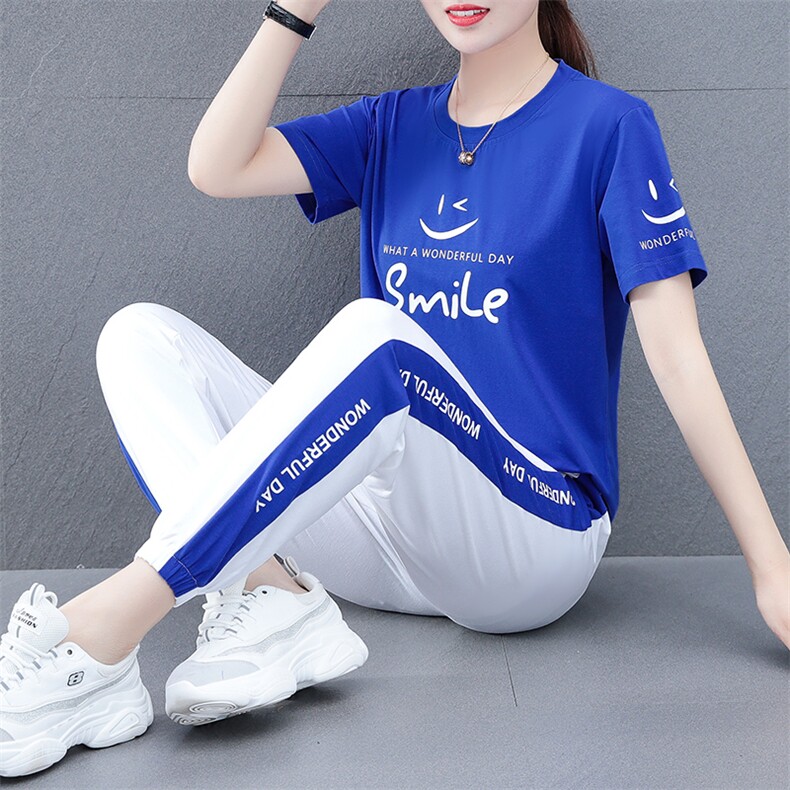 燕颉短袖时尚套装女式夏季2023年纯棉休闲晨跑运动服宽松两件套,女装运动套装,燕颉服饰
