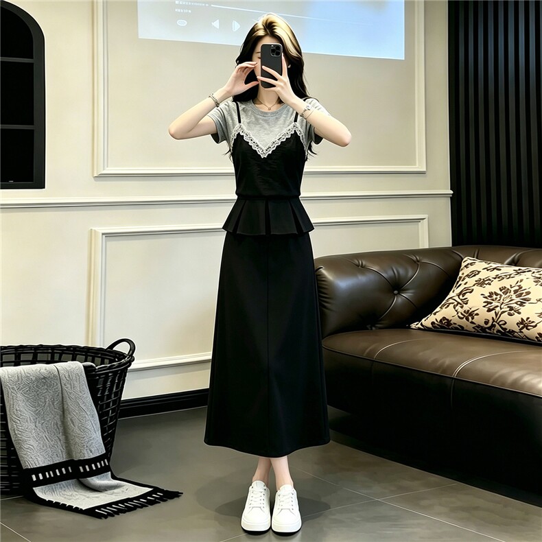 设计感小众时尚气质套装女夏圆领蕾丝拼接上衣开叉半身长裙两件套图片