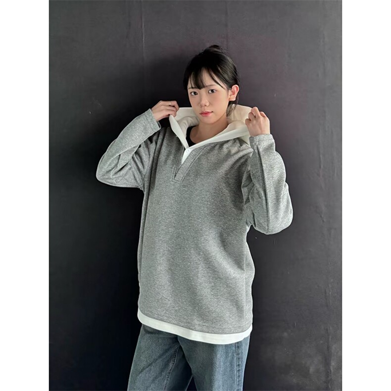 【网图】假两件连帽纽扣卫衣日系休闲宽松ins风潮牌外套HY709TP48,女装短外套,电商A102B