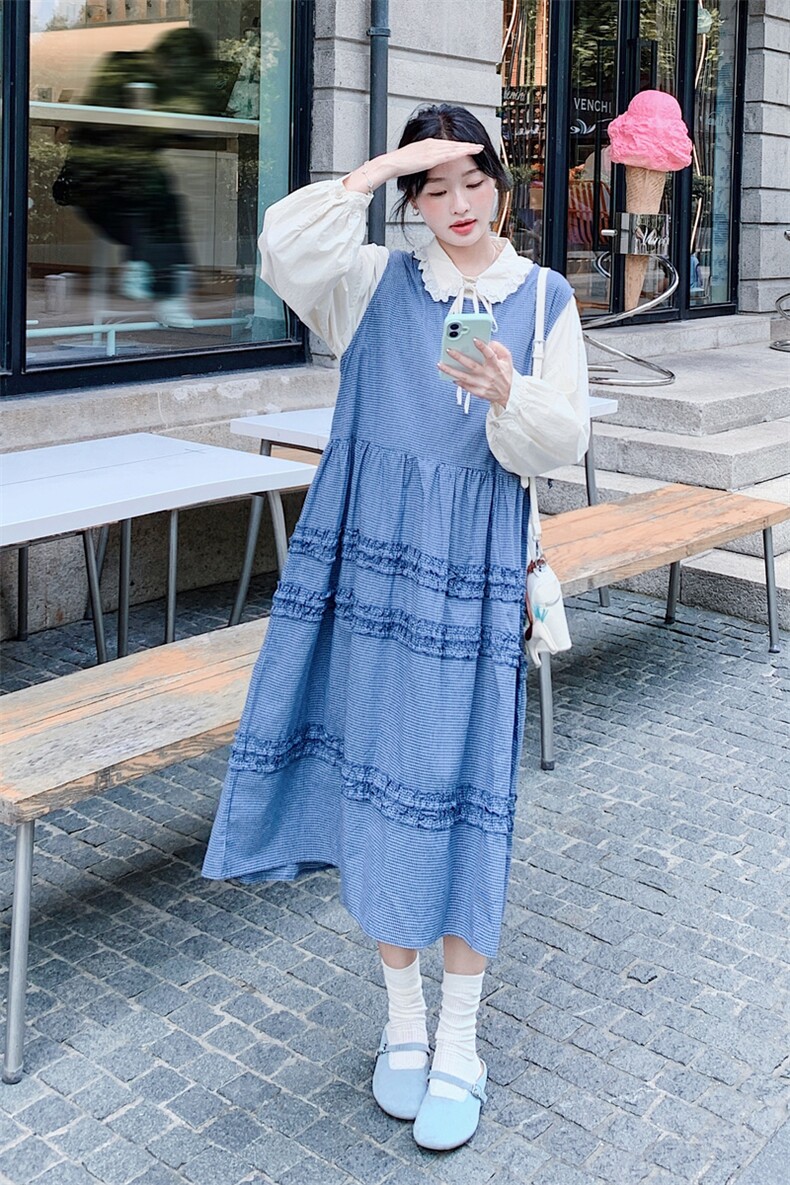 文艺风穿搭格子背心连衣裙女春秋2025超火好看高级感长裙两件套装,女装套装/套裙,2C056