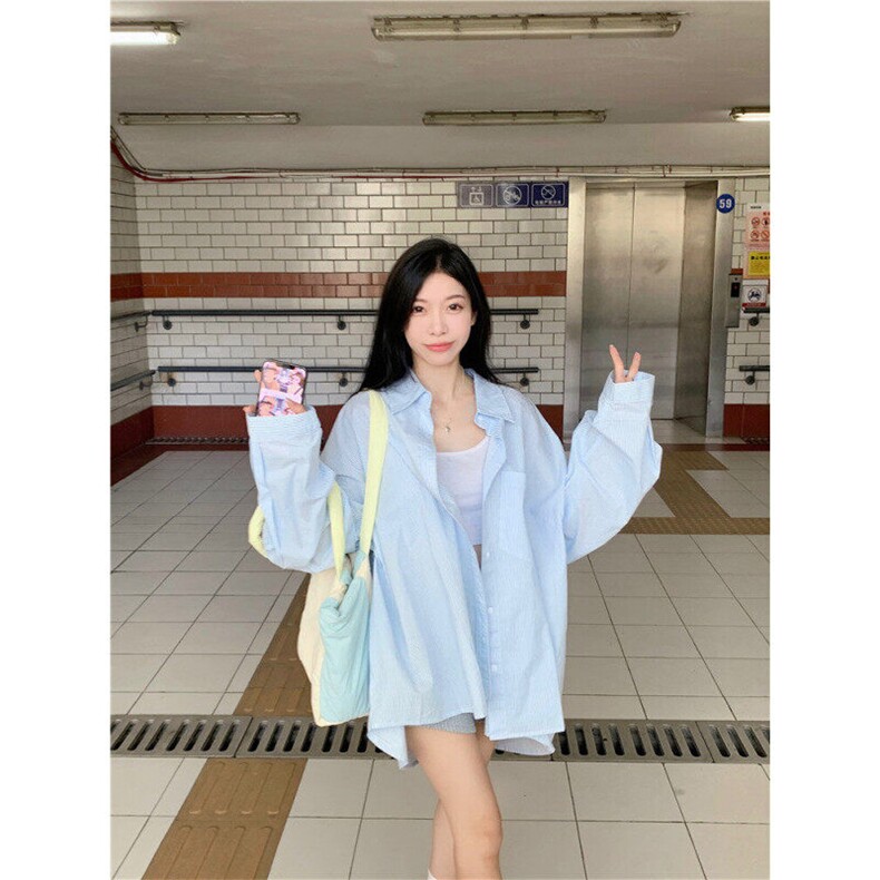 条纹Polo领衬衫外套女春季防晒衬衣宽松休闲开衫中长款上衣CY06,男装防晒衣,星座1116A（原606A-3）