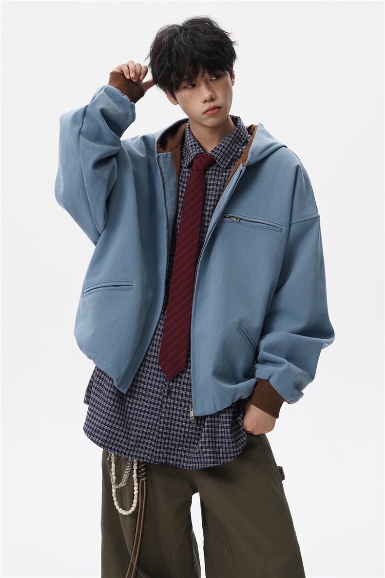 8XL-M美式复古撞色连帽水洗夹克男高级感做旧情侣外套JK1327P88,男装夹克,电商D206-1