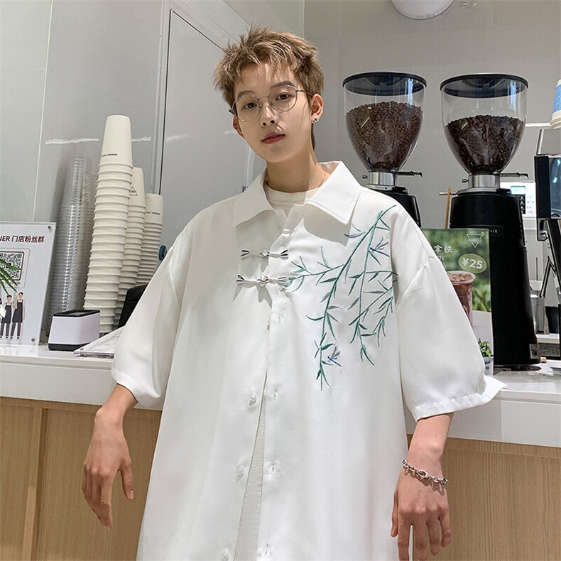 新中式国风竹子刺绣短袖衬衫男夏季潮牌冰丝速干宽松大码衬衣外套,男装衬衫,星座301A